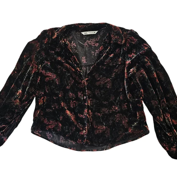 Zara Black and Red Floral Velvet Blouse - Picture 2 of 6